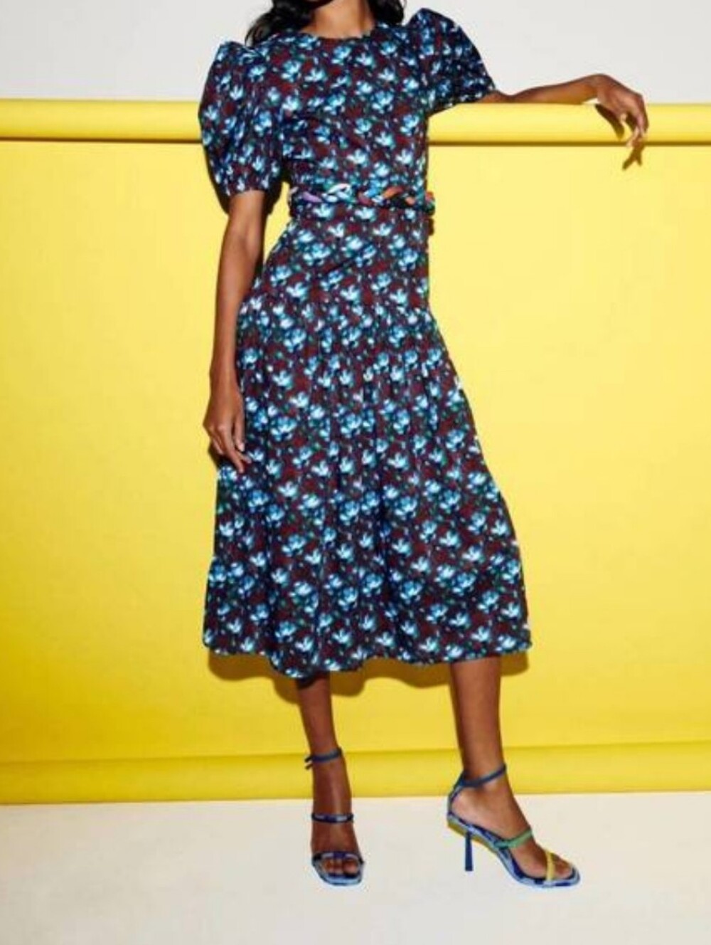 De Loreta Brisa In Recuerdos Blue Floral Puff-Sleeve Midi Dress NWOT Size S, M